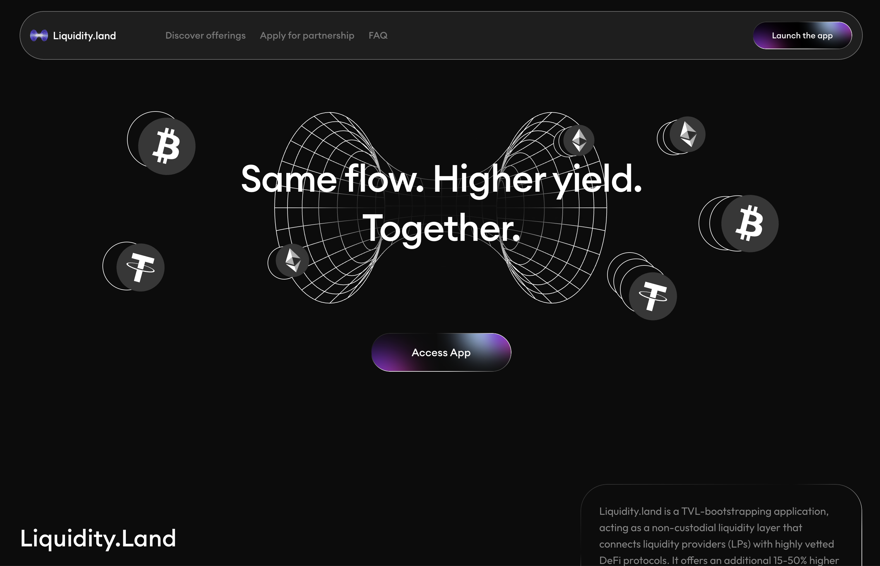 The liquidity.land landing page — a non-custodial liquidity layer that connects users with vetted DeFi protocols for boosted yields