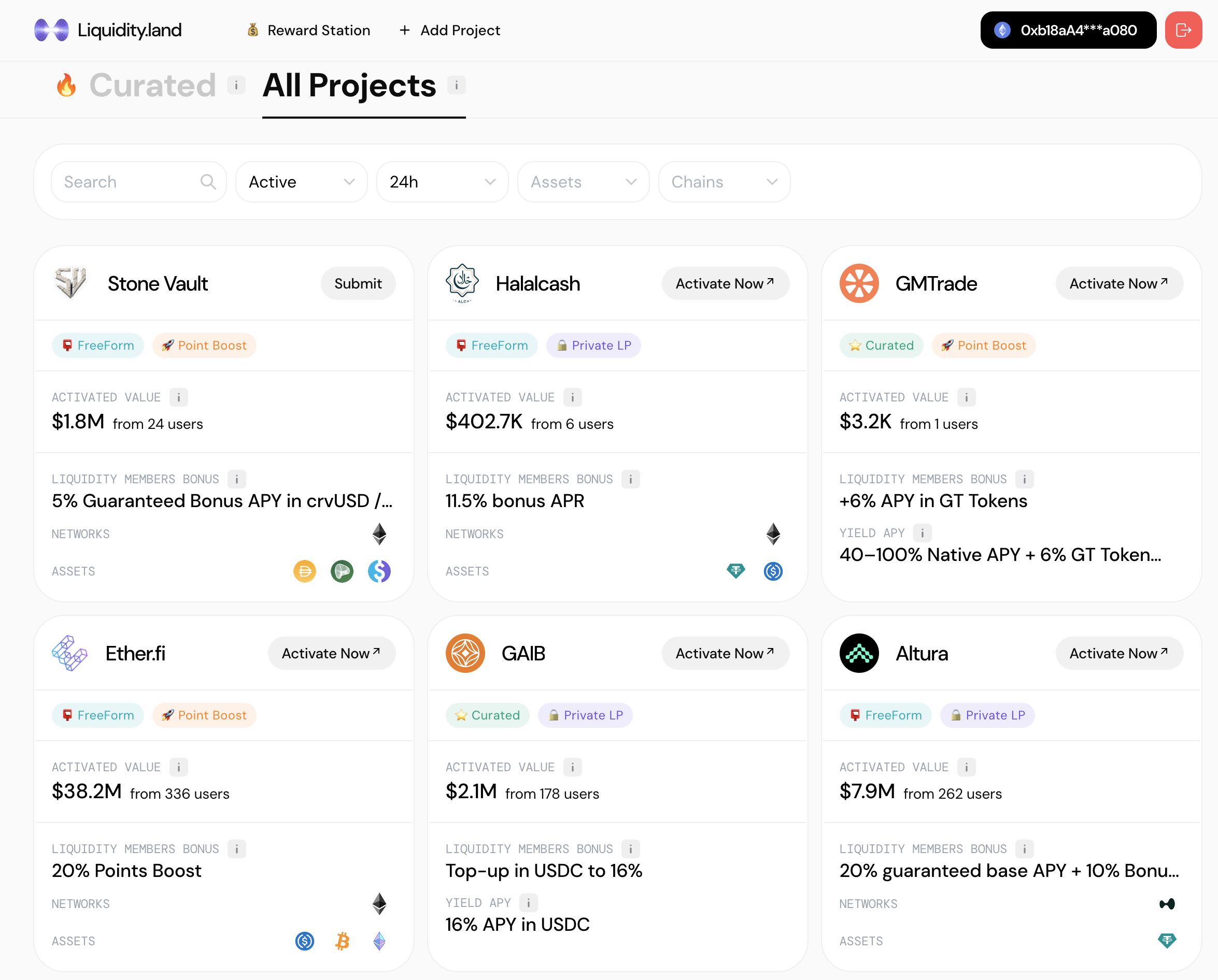 The liquidity.land projects dashboard, with the Stone Vault boost listed alongside other DeFi yield campaigns